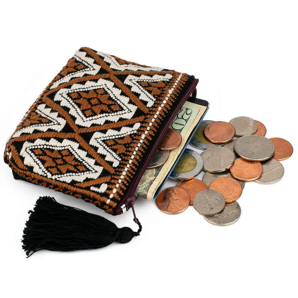 Ketzaly Coin Pouch: 100% Cotton Coin Purse for Women - (Brown-Beige-Black)