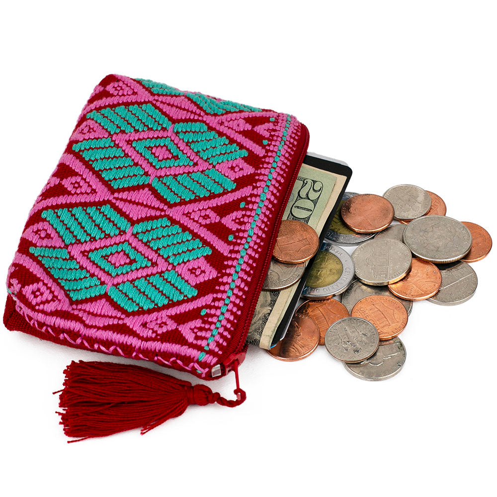 Ketzaly Coin Pouch: 100% Cotton Coin Purse for Women - (Pink-Aquamarine-Red)