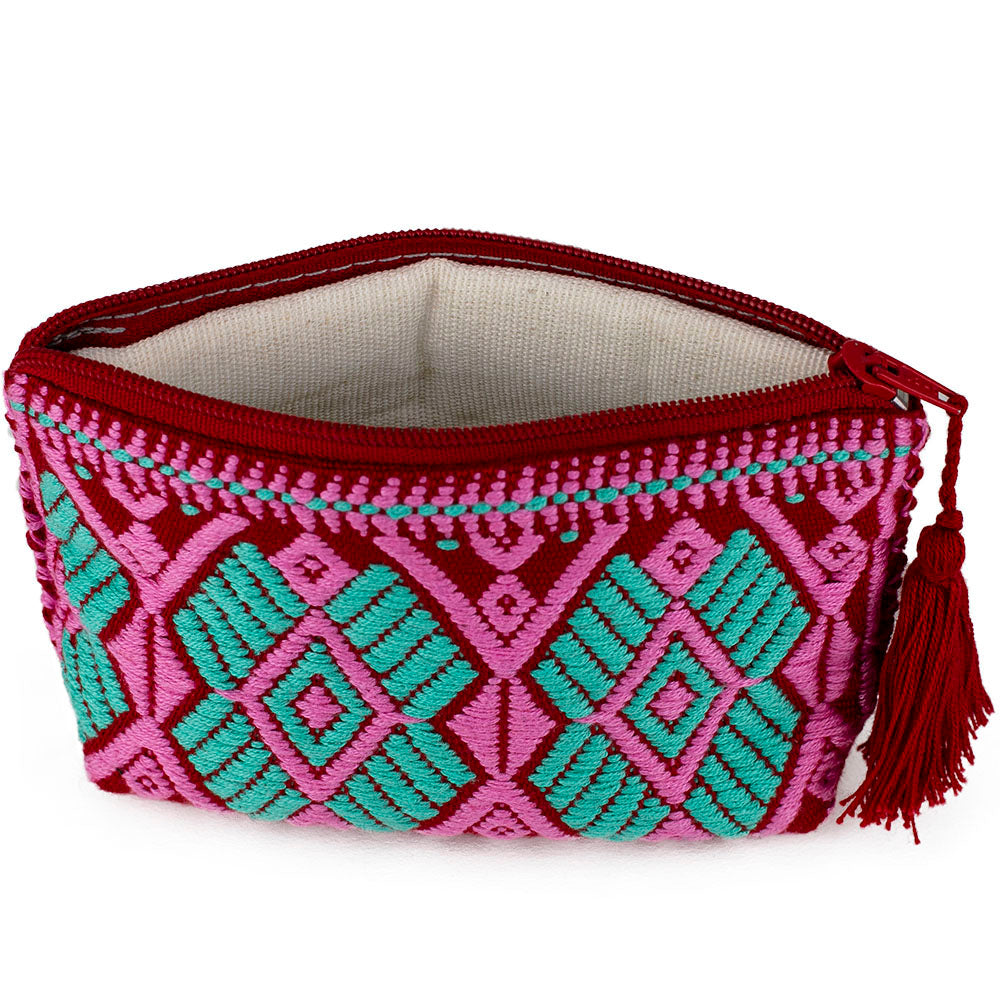 Ketzaly Coin Pouch: 100% Cotton Coin Purse for Women - (Pink-Aquamarine-Red)